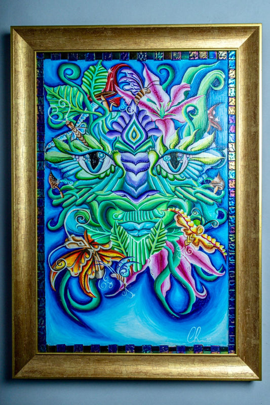 Fantasy forest painting with gemstones and gold frame