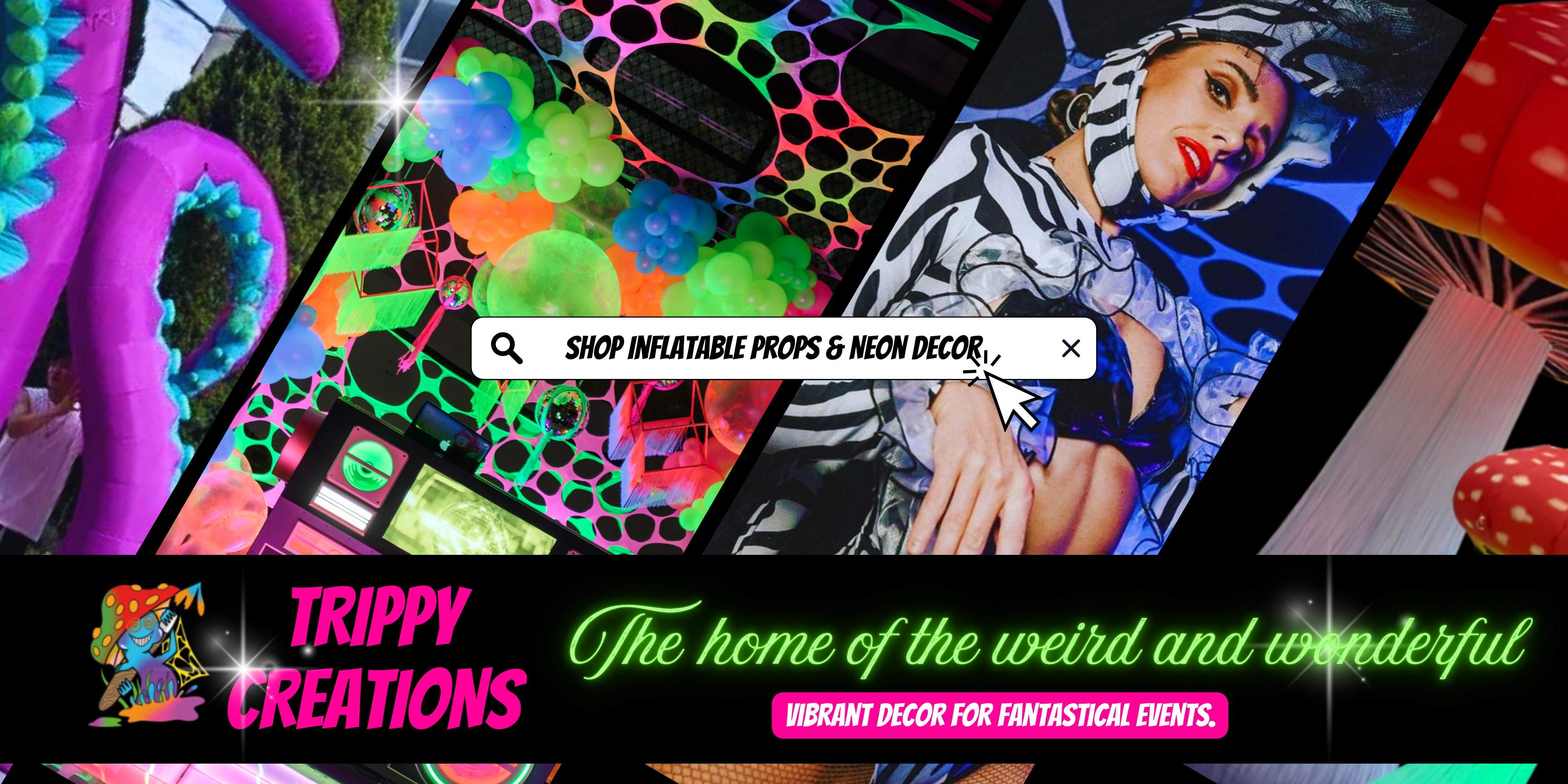 Giant inflatable party decorations and psychedelic UV decorations