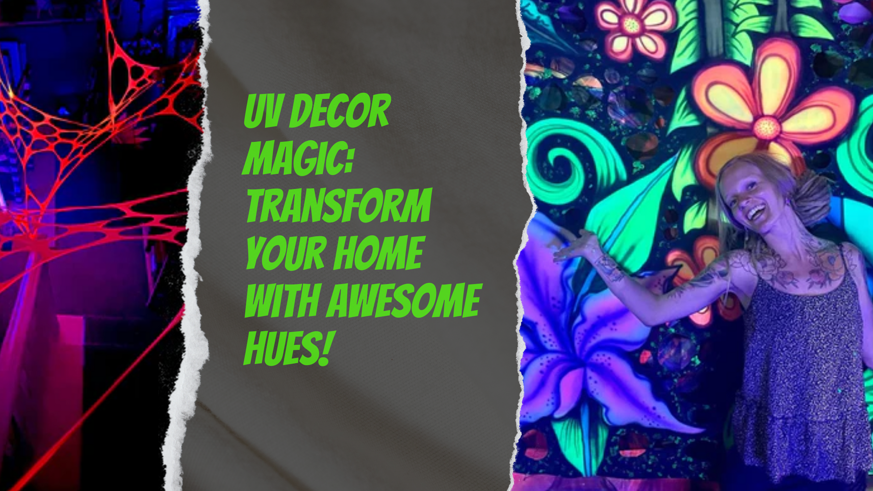 Cherise stood in front of a stunning UV-reactive trippy floral mural.