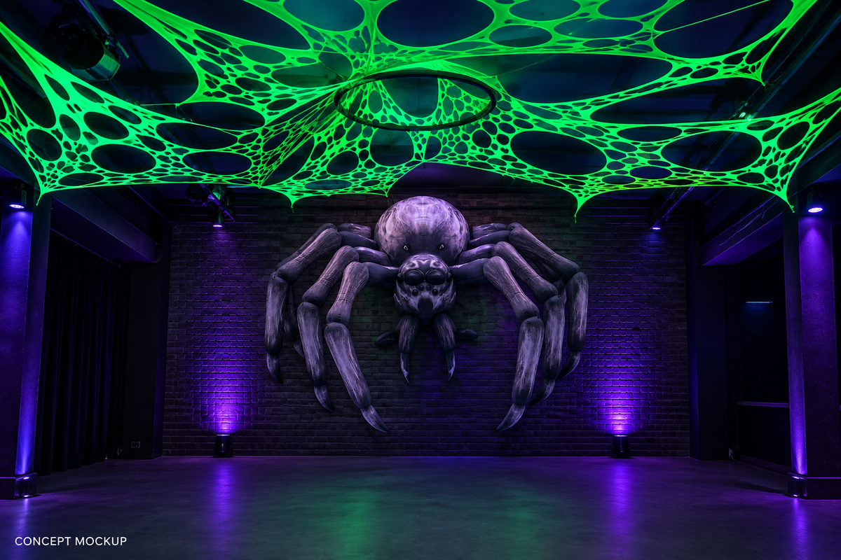 Concept mockup of a giant inflatable spider beneath green UV ceiling webs