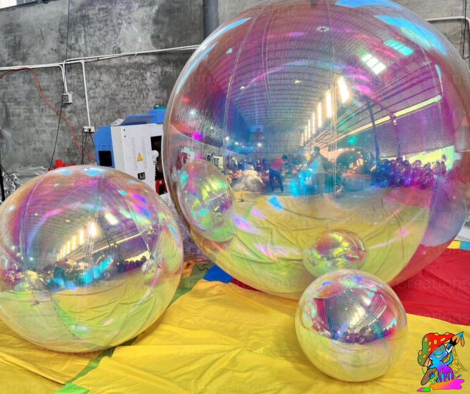 Iridescent decorative balls reflecting rainbow colours