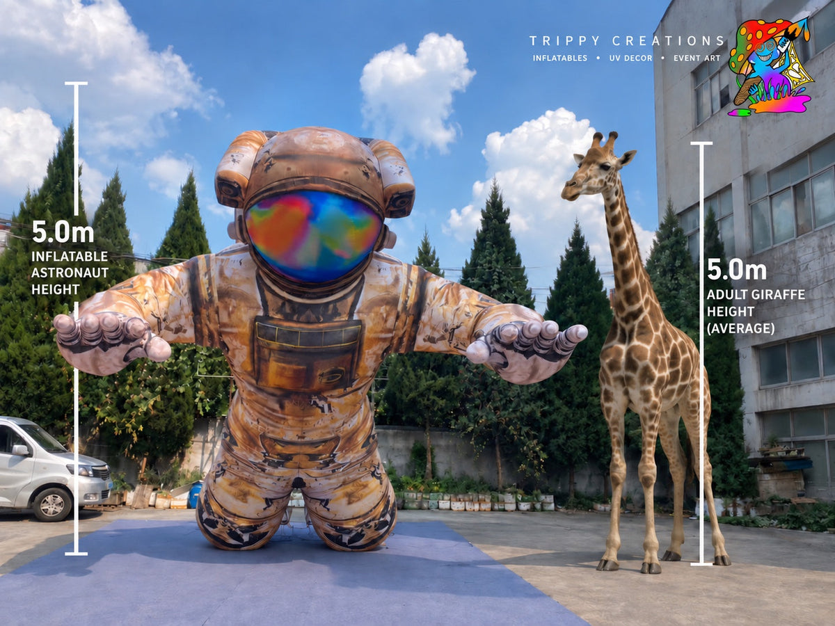 5 metre custom inflatable astronaut compared with an adult giraffe in a visual inflatable size guide