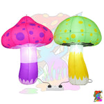 Two inflatable mushroom-shaped lamps with built-in LED lights, one pink and purple, and one green and yellow, shown on a white background with power cords.