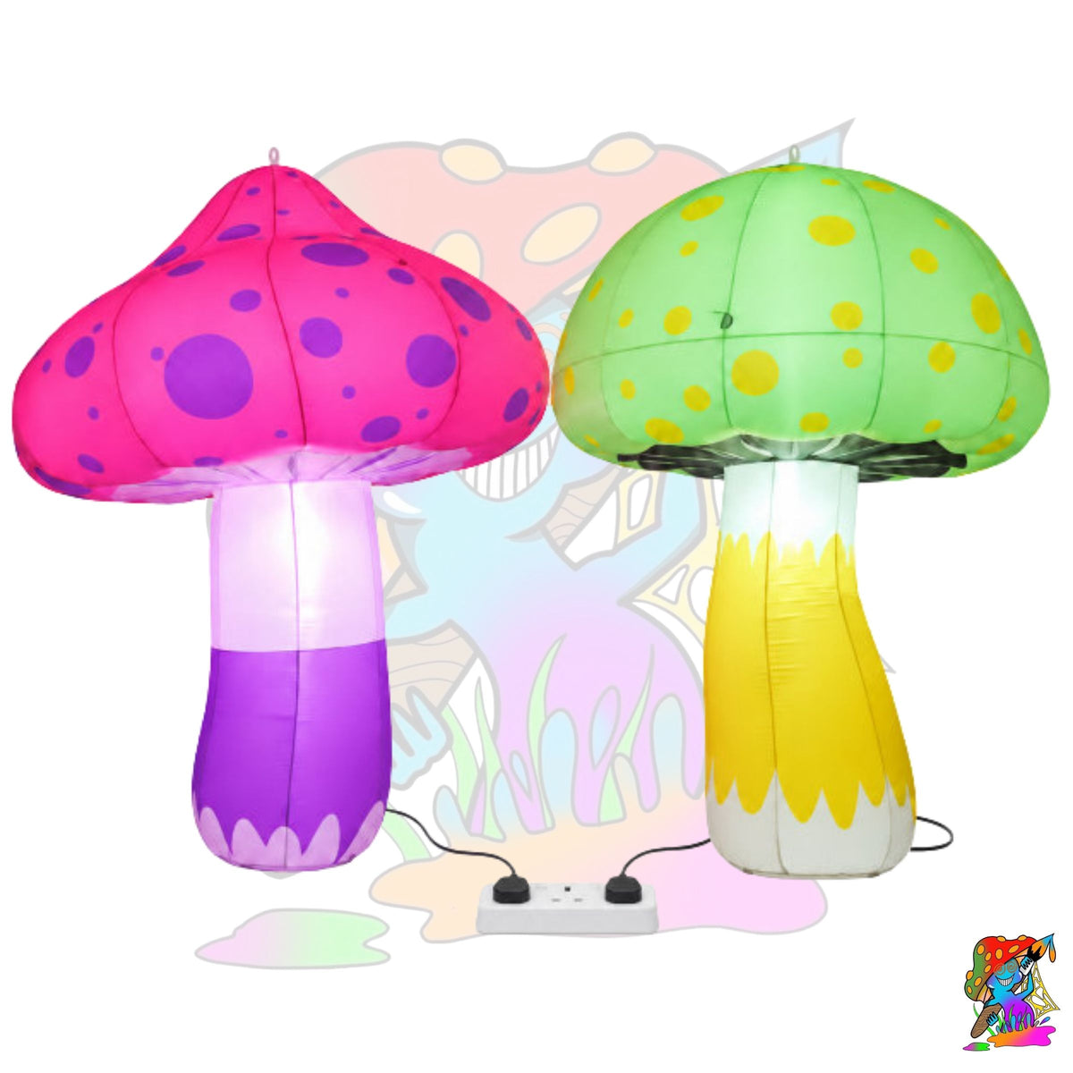 Two inflatable mushroom-shaped lamps with built-in LED lights, one pink and purple, and one green and yellow, shown on a white background with power cords.