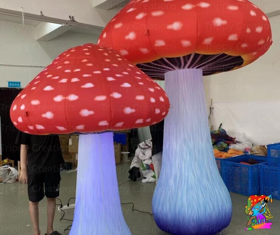 giant purple and white flower inflatables for Alice in Wonderland party theme