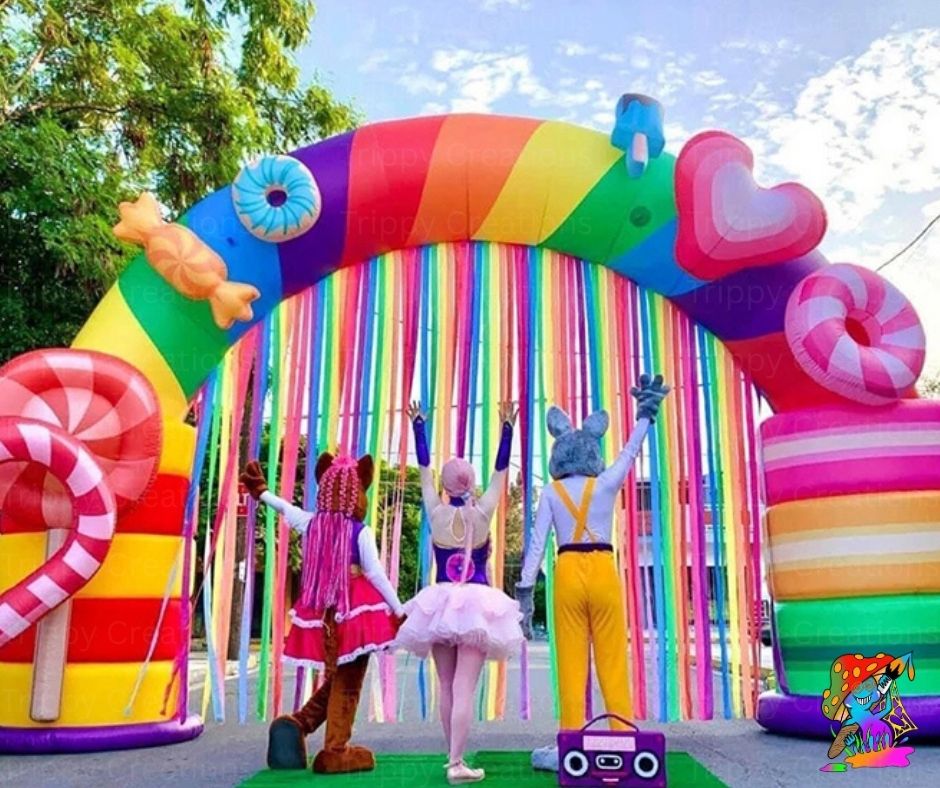 Giant Inflatable Candy Archway with Streamers – Playful Party Entrance Decoration