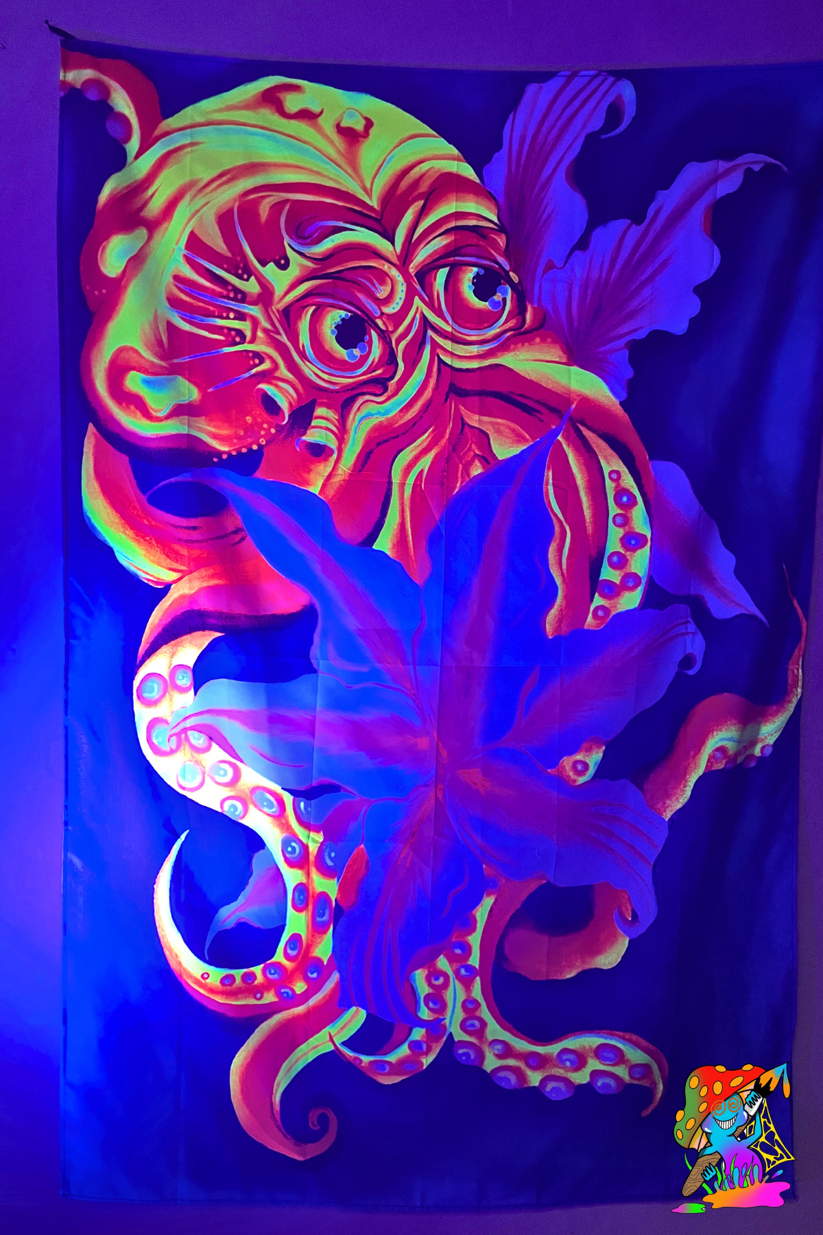 UV-Reactive Psychedelic Blood-Orange Octopus Wall Hanging