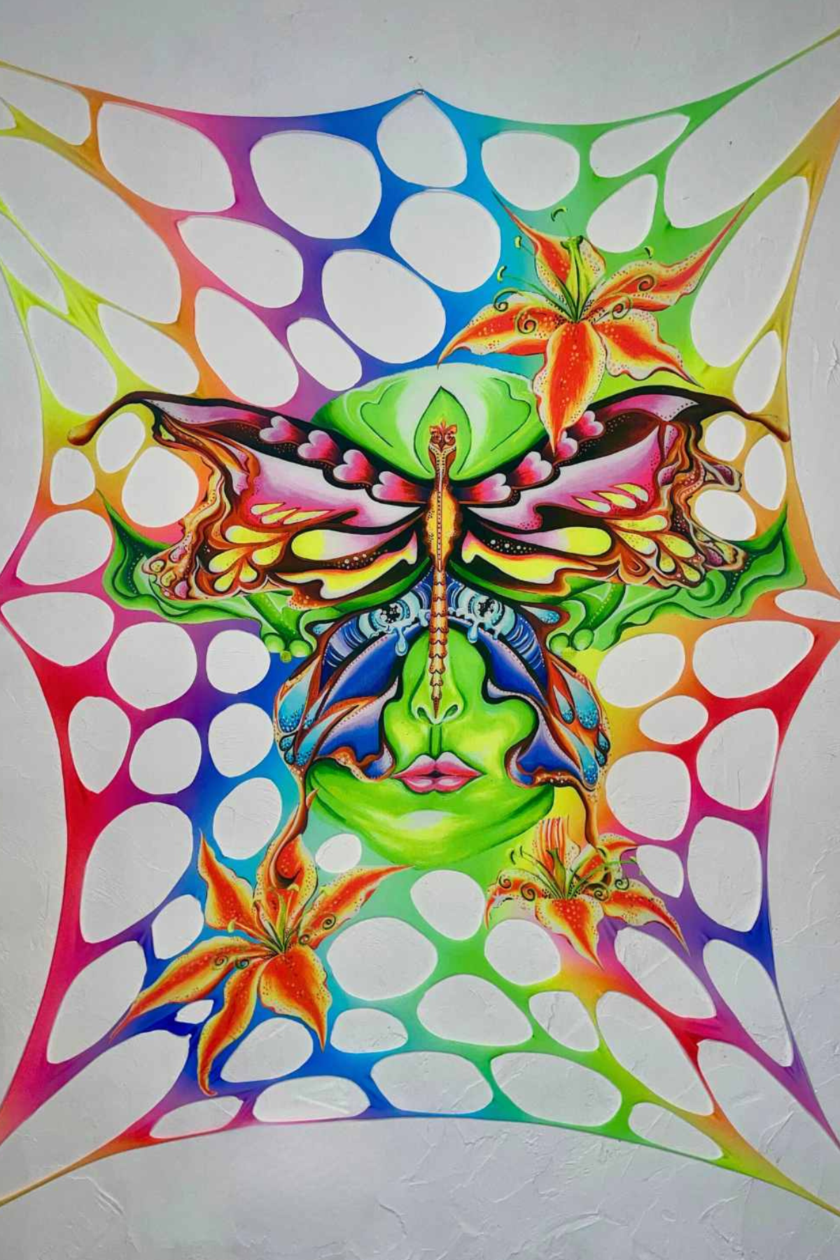 Medium UV Rainbow Party Hire Bundle – Psychedelic Stretch Webs with Pixie & Mushroom Wall Hanging