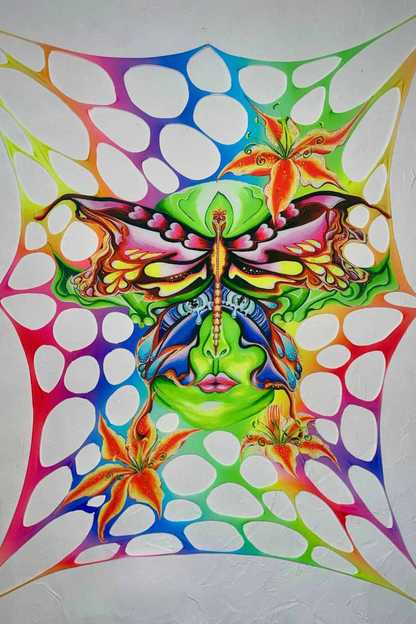 Medium UV Rainbow Party Hire Bundle – Psychedelic Stretch Webs with Pixie & Mushroom Wall Hanging