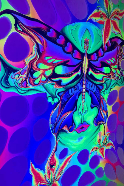 Medium UV Rainbow Party Hire Bundle – Psychedelic Stretch Webs with Pixie & Mushroom Wall Hanging