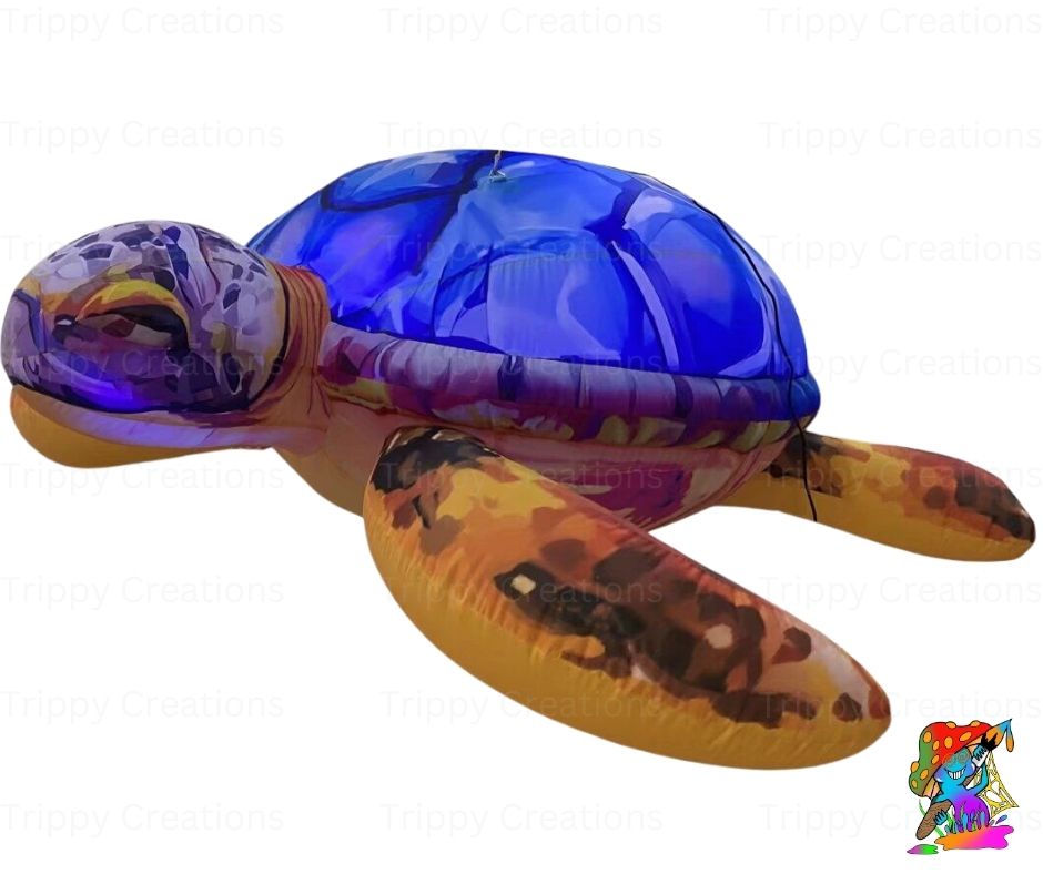 Colorful inflatable turtle prop with a blue shell on a white background