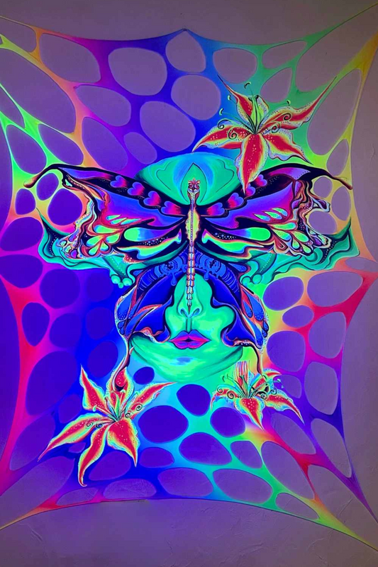 Medium UV Rainbow Party Hire Bundle – Psychedelic Stretch Webs with Pixie & Mushroom Wall Hanging