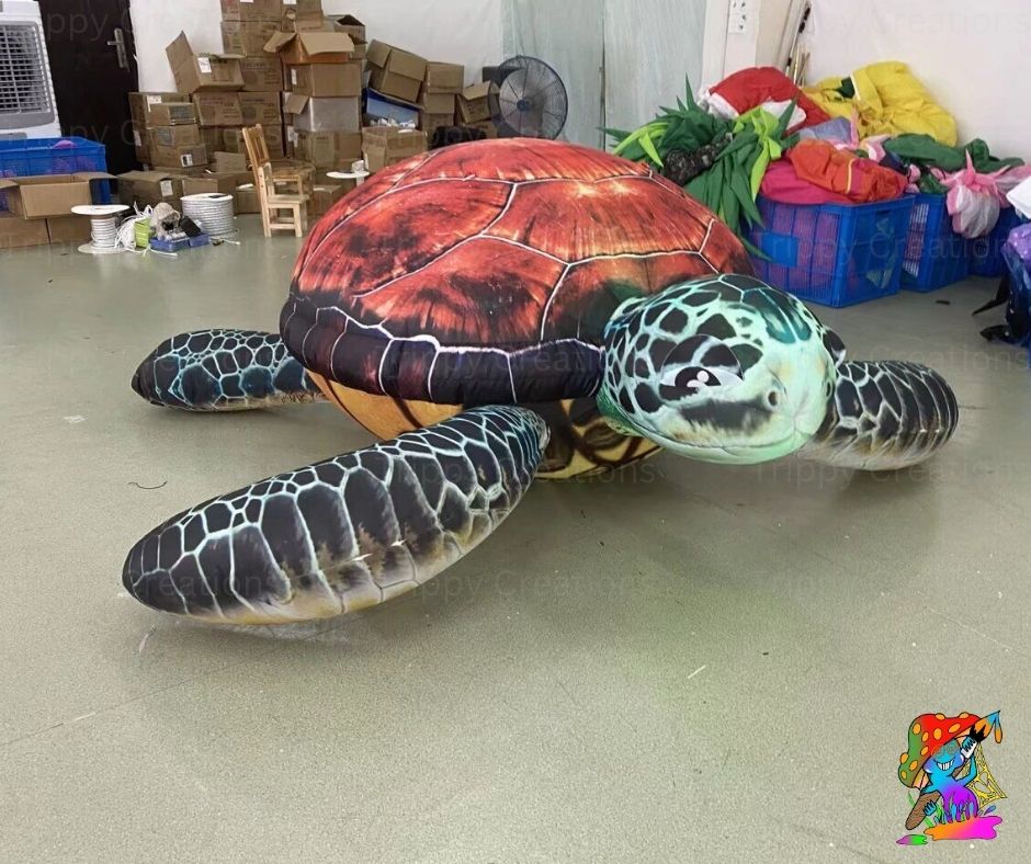 Large inflatable turtle on a concrete floor with boxes and bags in the background