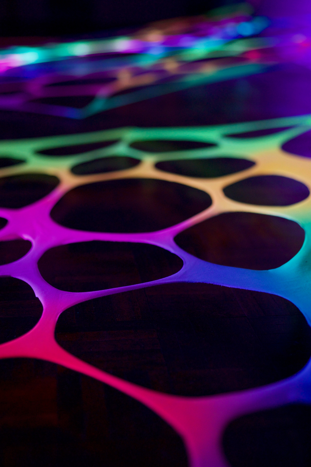 Medium UV Rainbow Party Hire Bundle – Psychedelic Stretch Webs with Pixie & Mushroom Wall Hanging