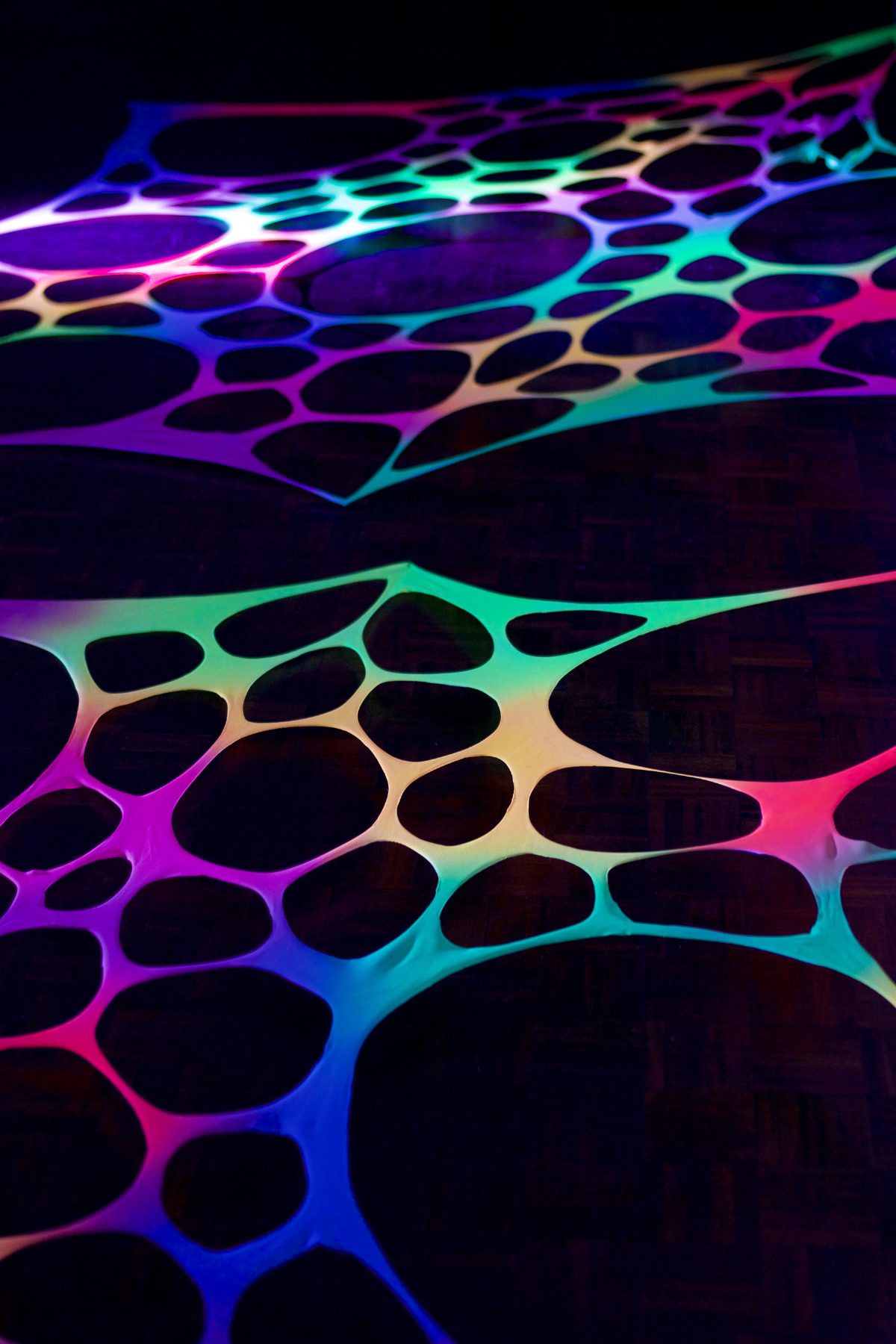 Medium UV Rainbow Party Hire Bundle – Psychedelic Stretch Webs with Pixie & Mushroom Wall Hanging