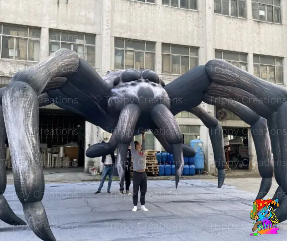 Close-up of a creepy inflatable spider with stretchable legs, used for Halloween party décor.