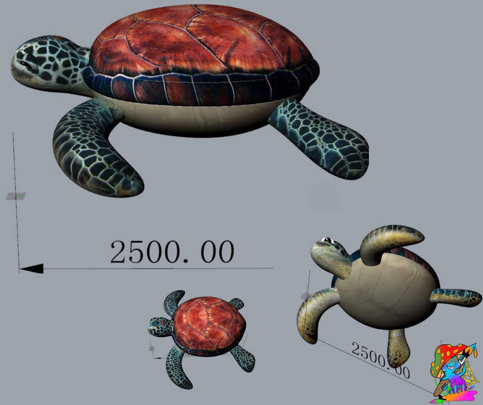 3D model of a turtle with measurements on a gray background