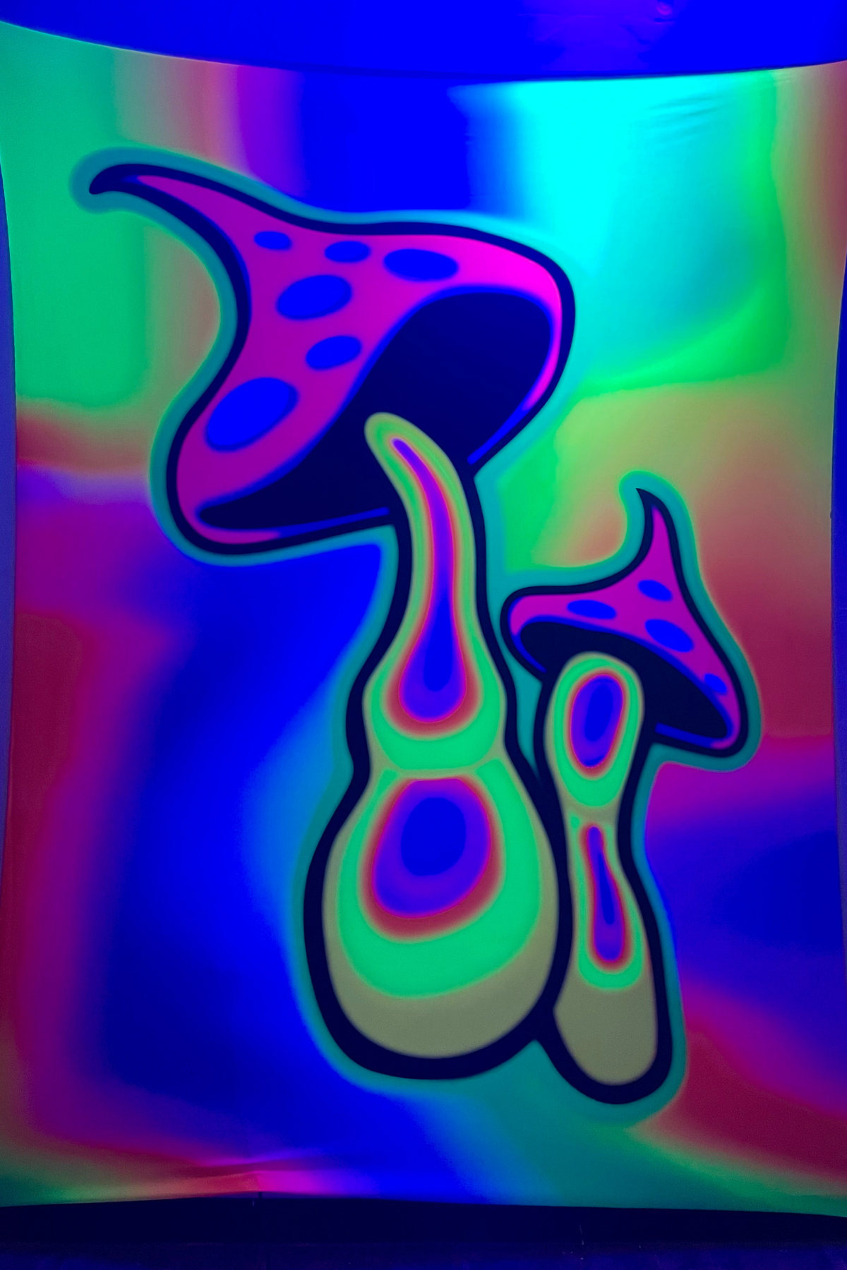 Medium UV Rainbow Party Hire Bundle – Psychedelic Stretch Webs with Pixie & Mushroom Wall Hanging
