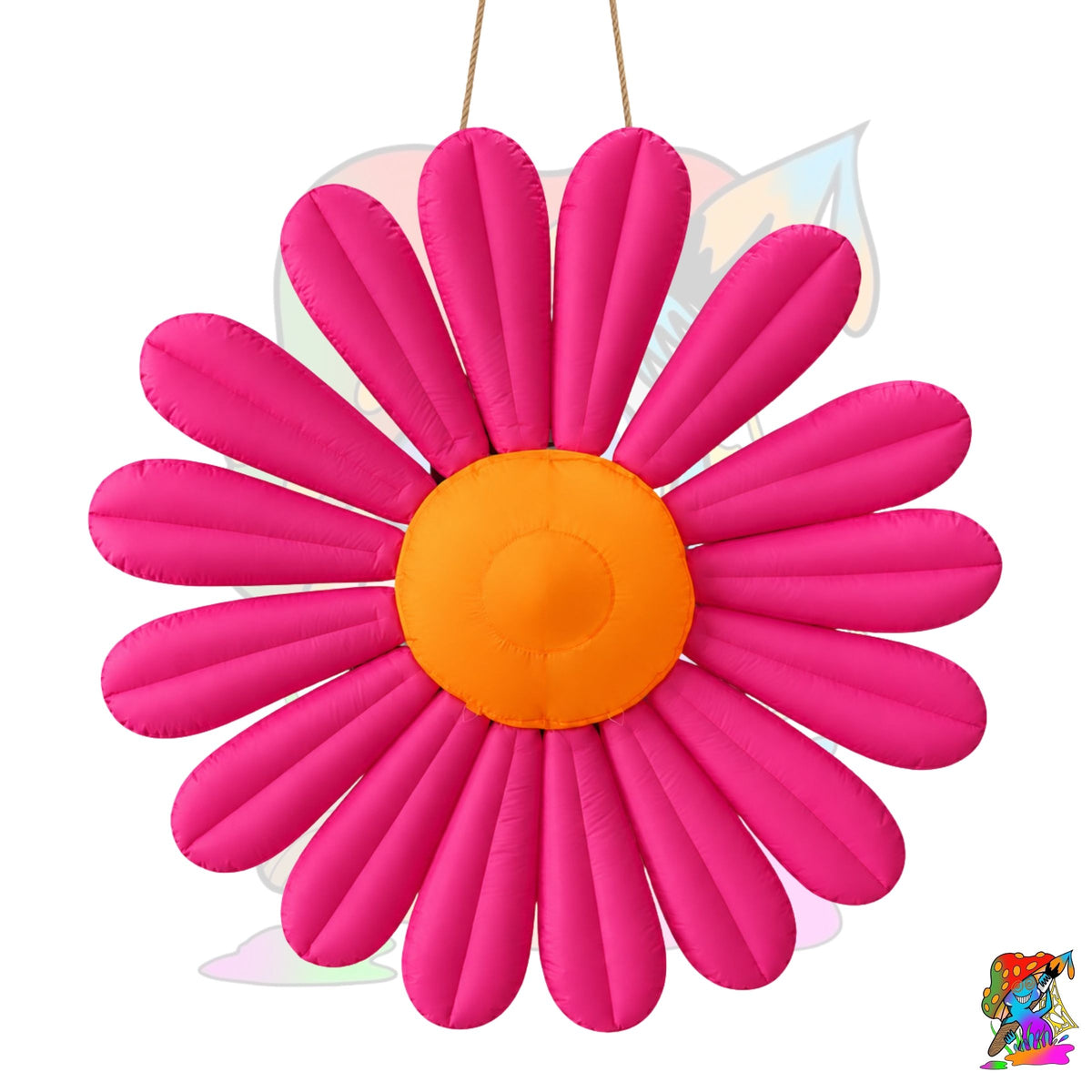 A pink daisy-shaped hanging ornament with a bright orange center, suspended by a thin string against a plain white background.