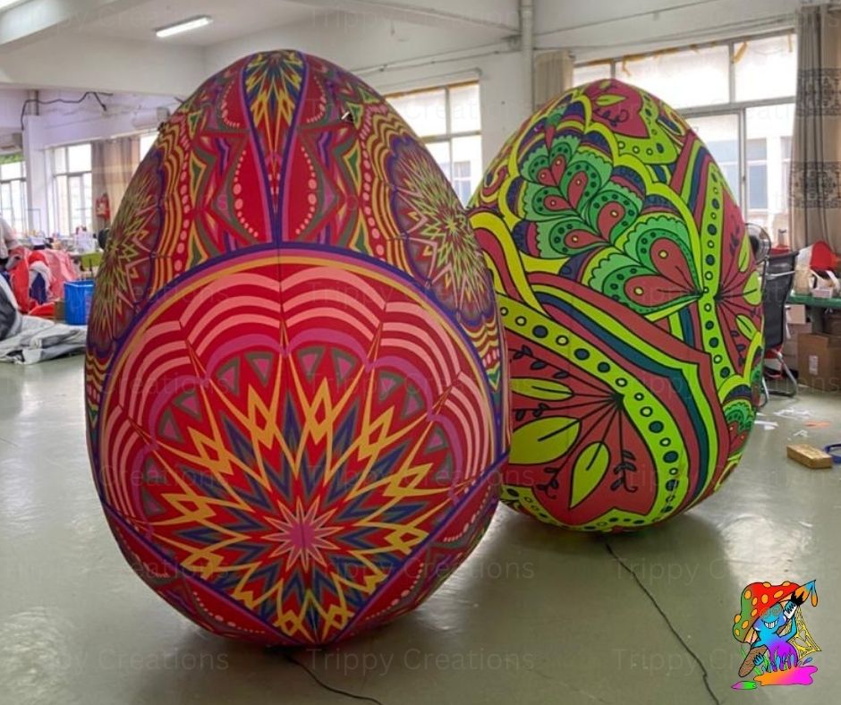 Two large, colorful eggs with intricate patterns in a room.