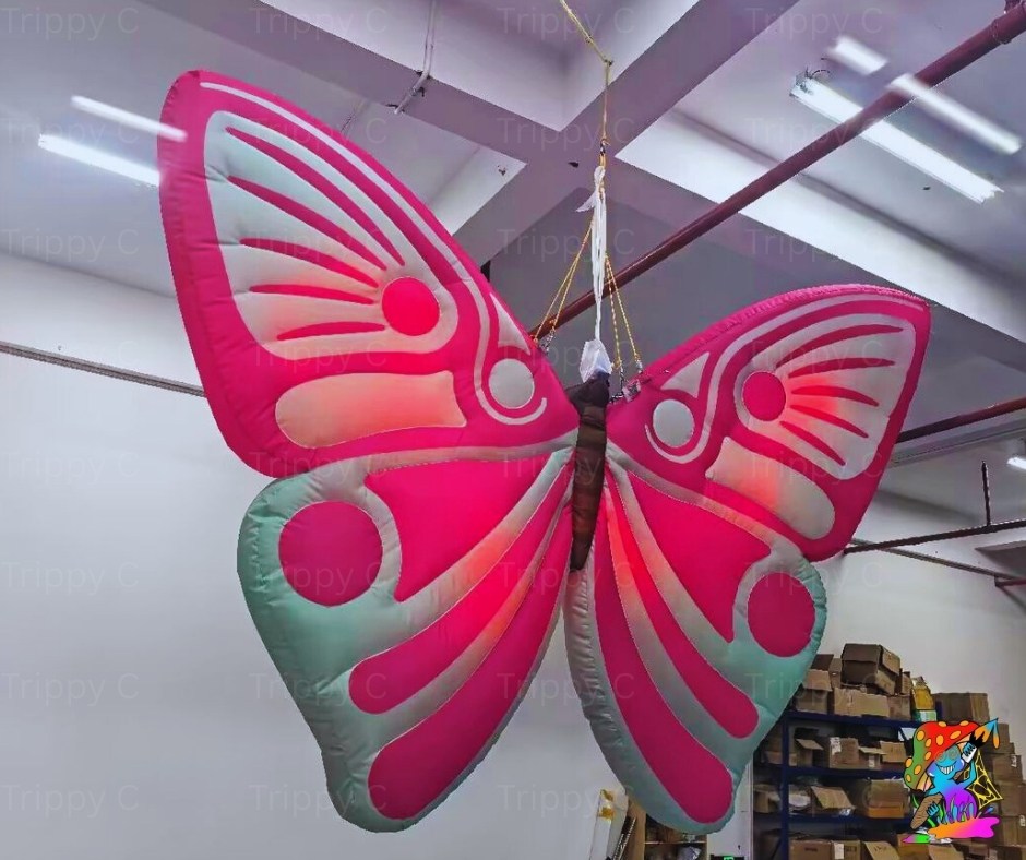 Large inflatable butterfly with pink and green wings hanging indoors.