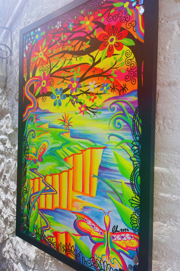 UV-Reactive, Psychedelic Framed Butterfly landscape Painting