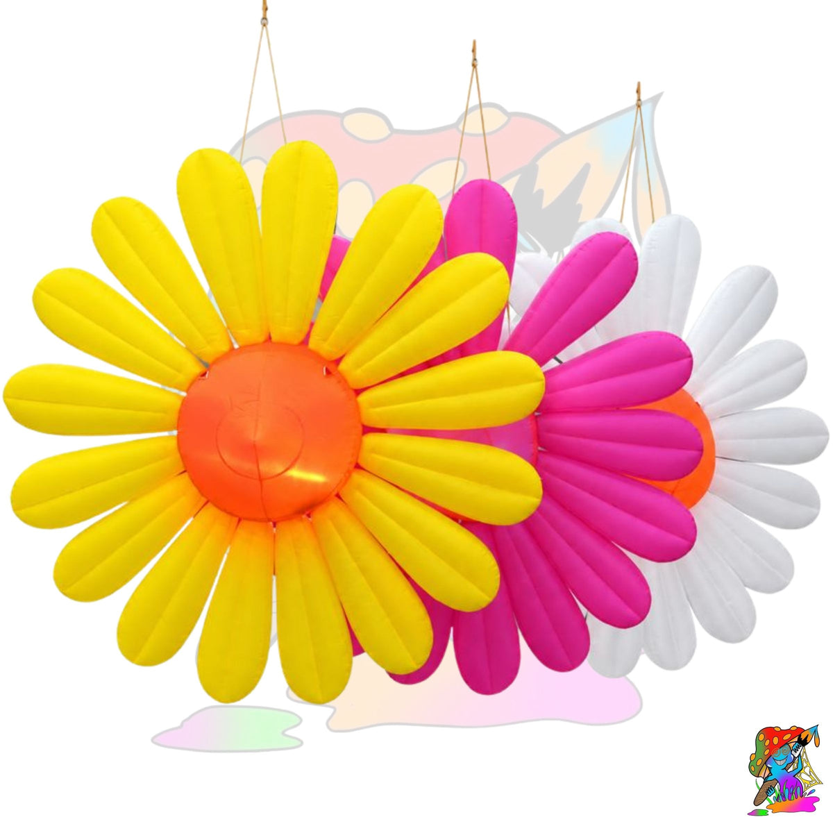 Three colorful daisy-shaped hanging decorations on a white background, with one yellow flower in front, one pink flower behind it, and one white flower at the back. A small cartoon logo appears in the bottom-right corner.