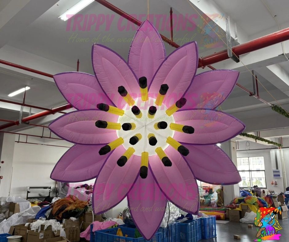 giant 2m inflatable hanging flower with purple and pink petals and LED lights