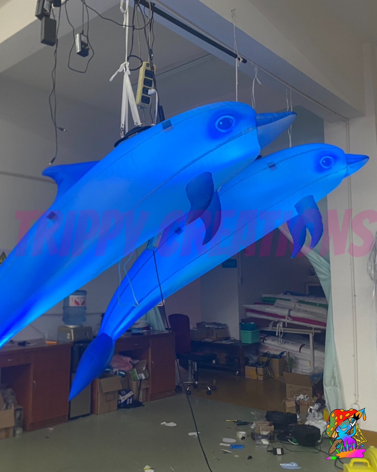     2m inflatable ocean themed dolphin decoration suspended above an event space.