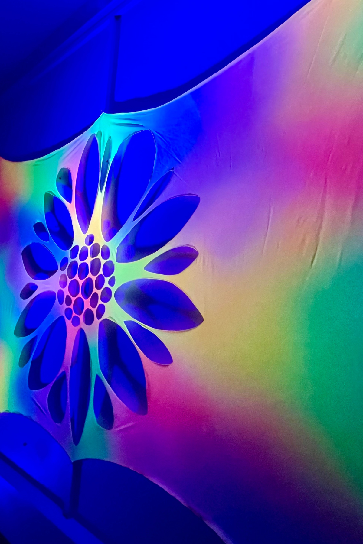 Vivid UV Colors in a Unique Flower Silhouette Design" – A vibrant wall hanging with a radiant flower cut-out, perfect for ceremonies, festivals, and creative spaces