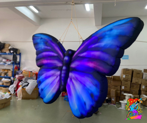 Large blue butterfly in a warehouse setting