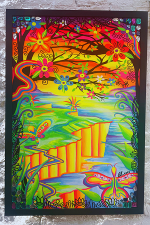 UV-Reactive, Psychedelic Framed Butterfly landscape Painting