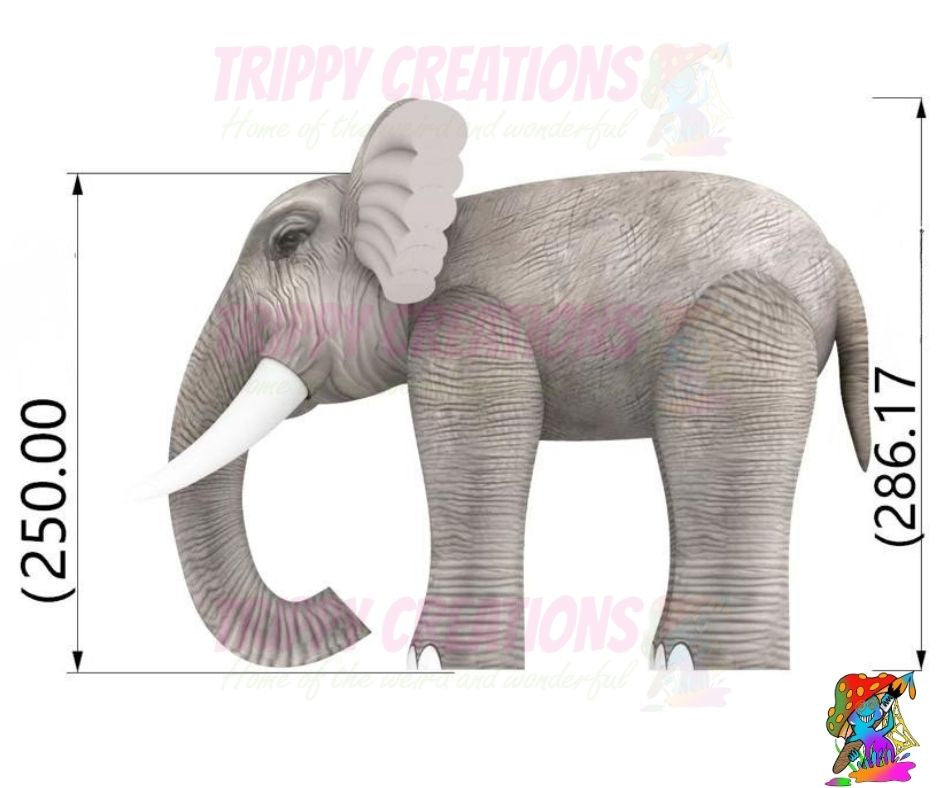 Illustration of an elephant with dimensions and 'Trippy Creations' branding.