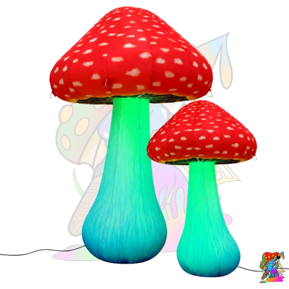 Two inflatable mushroom-shaped floor lamps with red caps speckled with white dots and glowing green to blue stems, shown on a white background with a power cord.