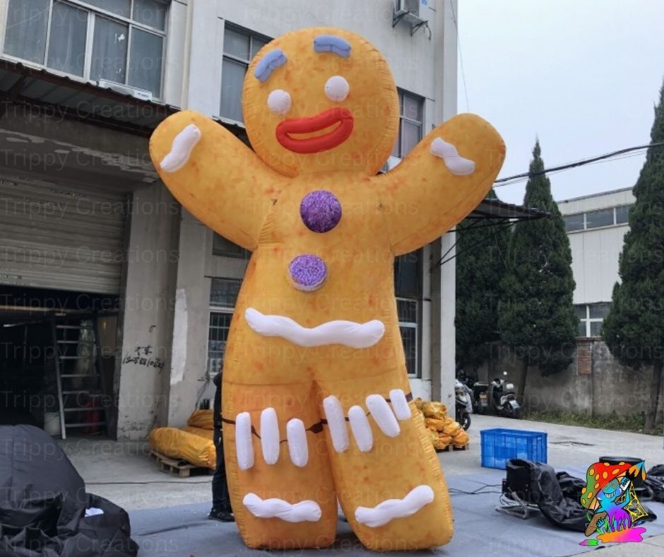 Inflatable gingerbread man decoration in front of a building