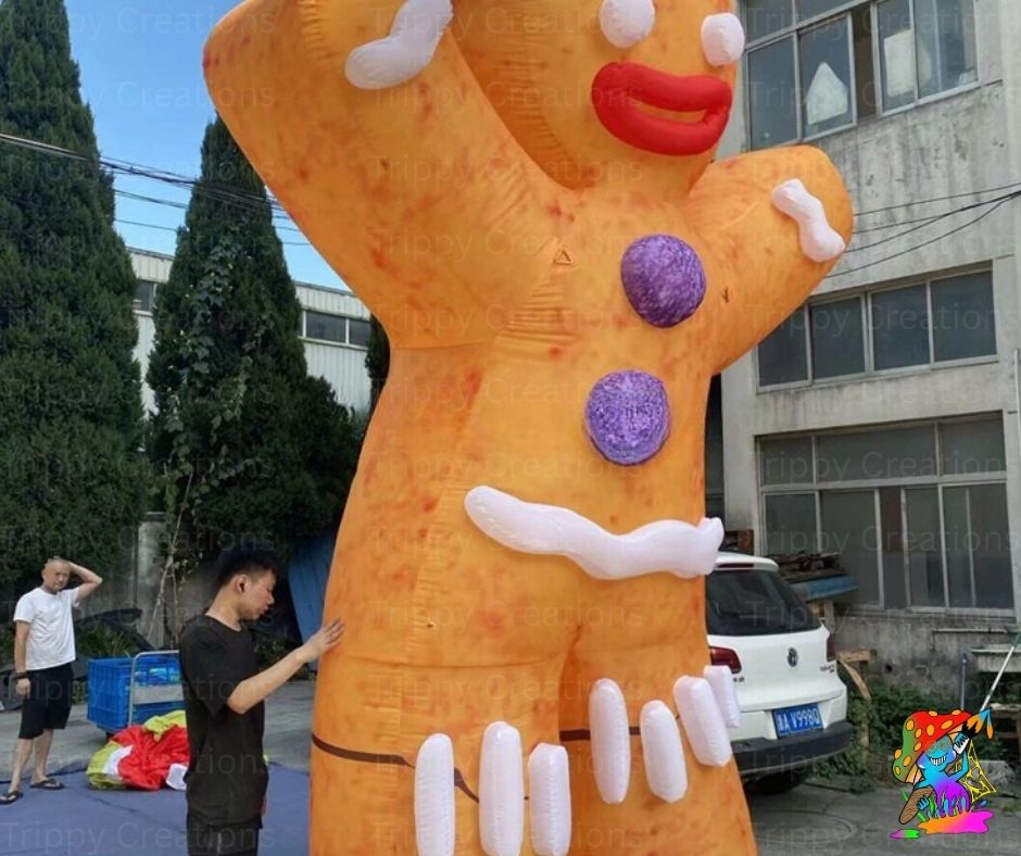 Inflatable costume with a cartoonish design in an outdoor setting