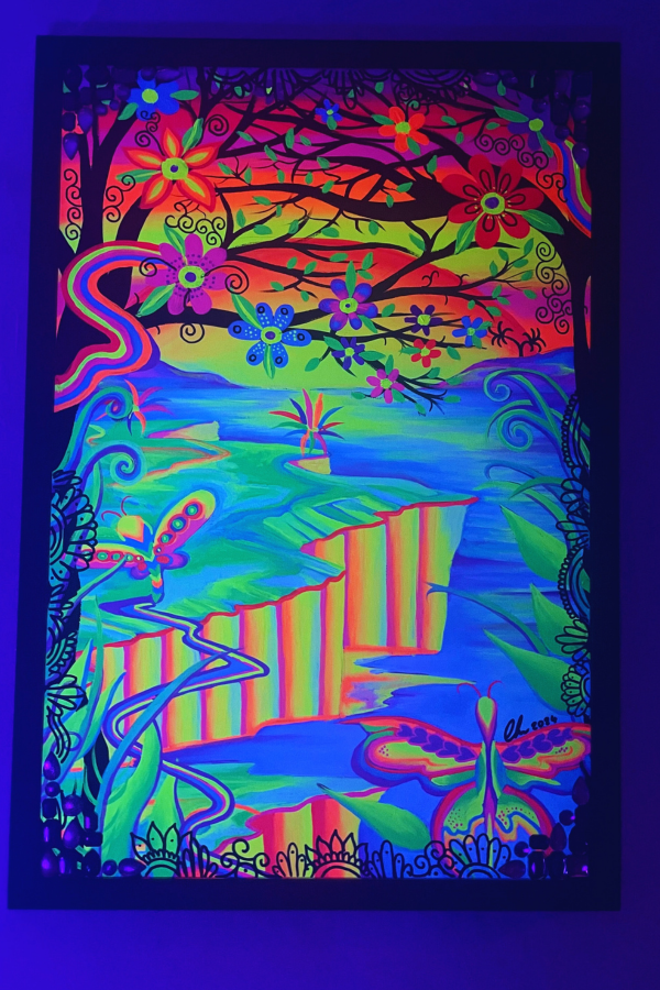 UV-Reactive, Psychedelic Framed Butterfly landscape Painting