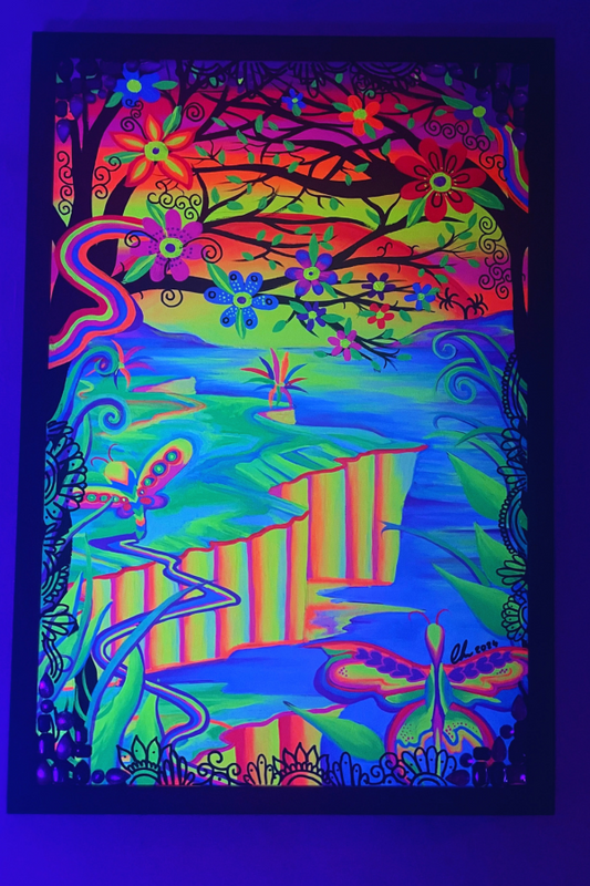 UV-Reactive, Psychedelic Framed Butterfly landscape Painting