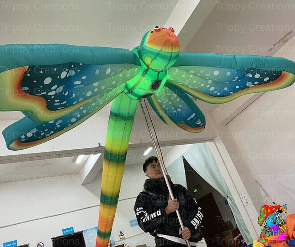 Large inflatable dragonfly model indoors with a person holding it.