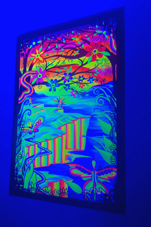 UV-Reactive, Psychedelic Framed Butterfly landscape Painting