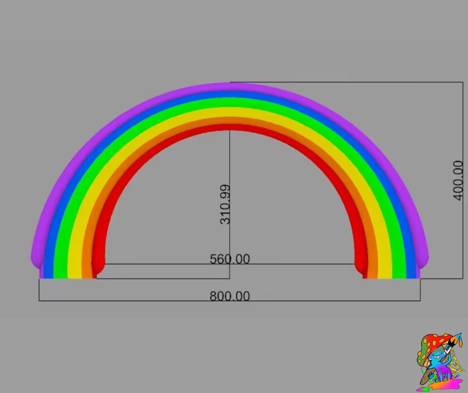 Colorful rainbow graphic with measurements on a gray background