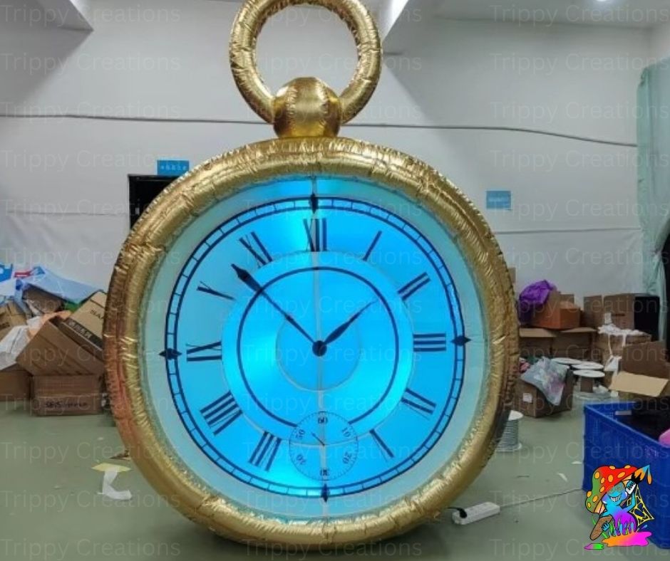 Glowing inflatable clock with gold frame in a warehouse setting