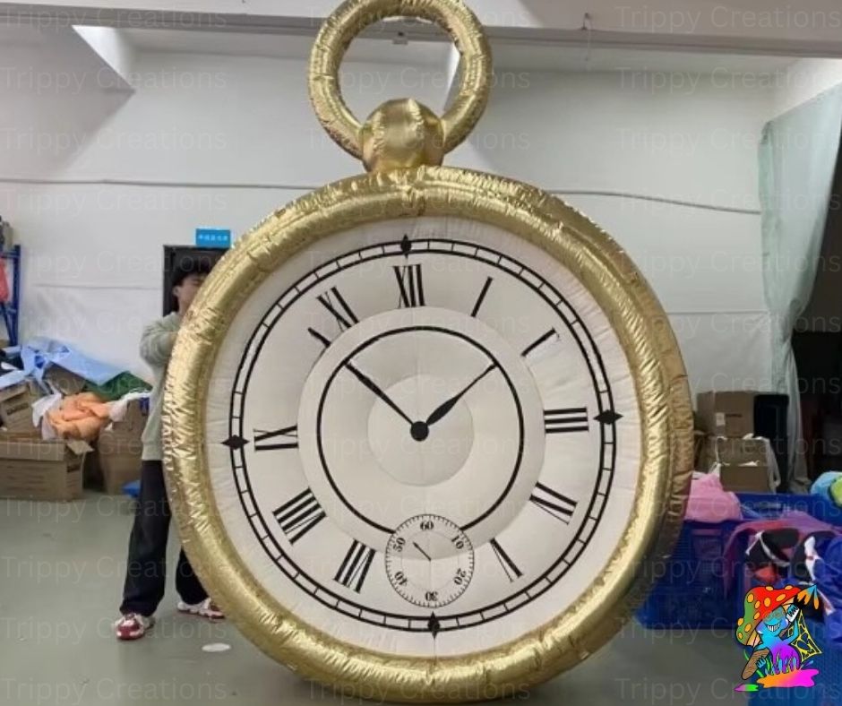 Large inflatable clock with gold frame and white face in an indoor setting