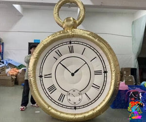 Large inflatable clock with gold frame and white face in an indoor setting
