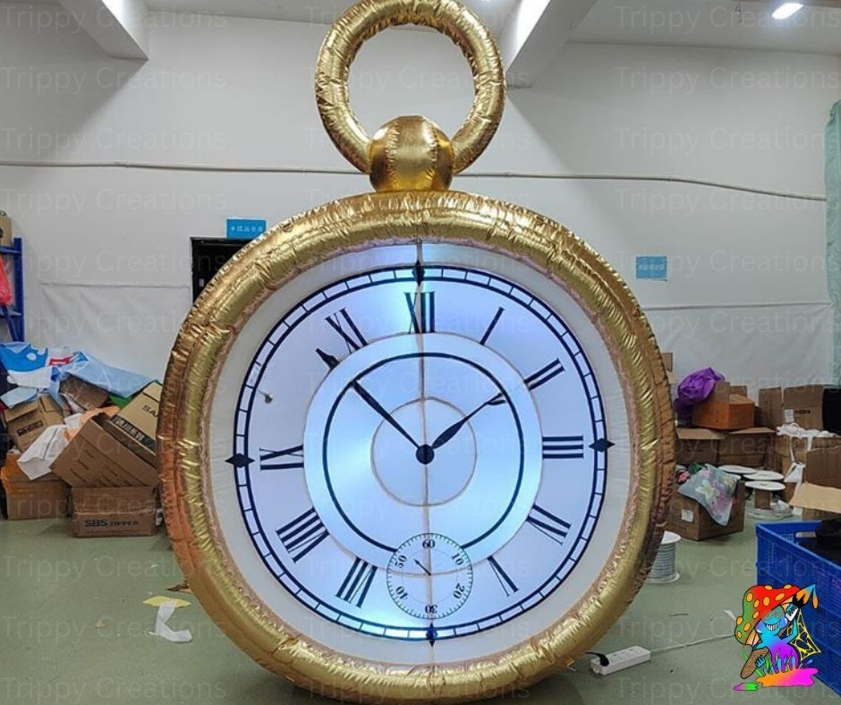 Gold pocket watch with a white face displaying Roman numerals in an indoor setting.