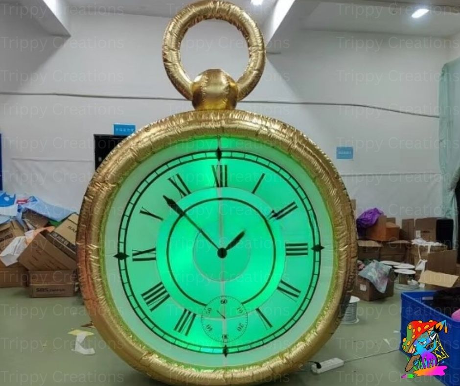 Gold pocket watch with green face in a warehouse setting