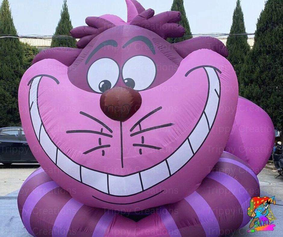Giant 6m purple Cheshire Cat inflatable prop for Alice in Wonderland themed events