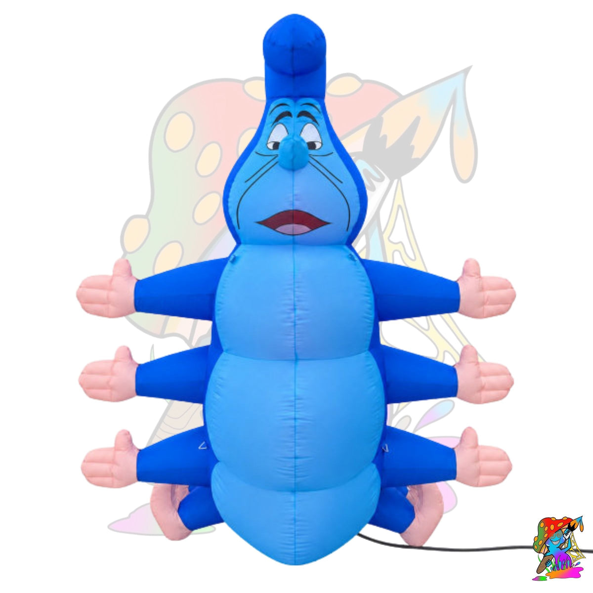 A blue inflatable character decoration shaped like a cartoon insect or monster with a face, raised arms, and pink hands, shown on a white background.
