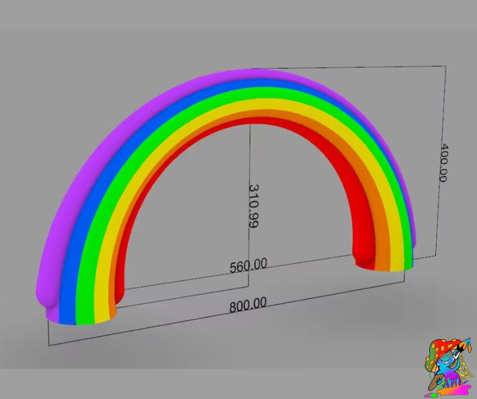 3D model of a rainbow with measurements on a gray background