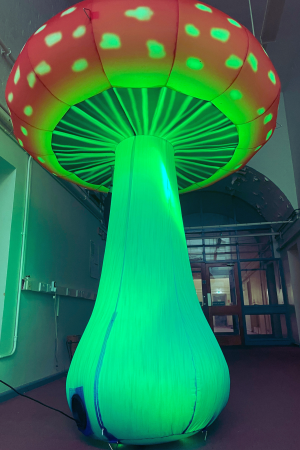 Close-up of 3m inflatable mushroom with remote-controlled LED lights
